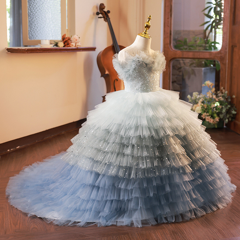 Cute Puffy Balle Gown Little Girl Pageant Dresses Shiny Ruffles Tulle Sweep Train Brithday Party Gowns For Toddler Kids Communion Pearls Beaded Flower