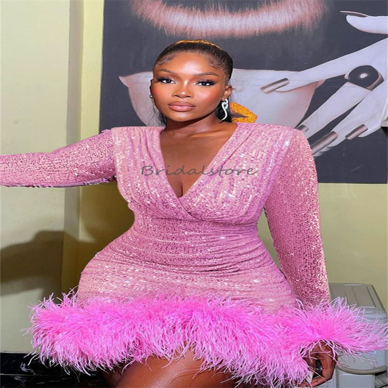 Pink Sequin Shine Prom Dress For Black Girls Aso Ebi Sheath Mini Short Evening Dress With Feather Long Sleeve V Neck Glitter Cocktail Party Dress Sexy