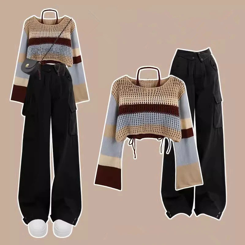 Spring Autumn Sweater Halter Sling Cargo Pants 1 or 3 Piece Set Women Casaul Multi Stripe Knit Tops Vest Trousers Outfits 240117