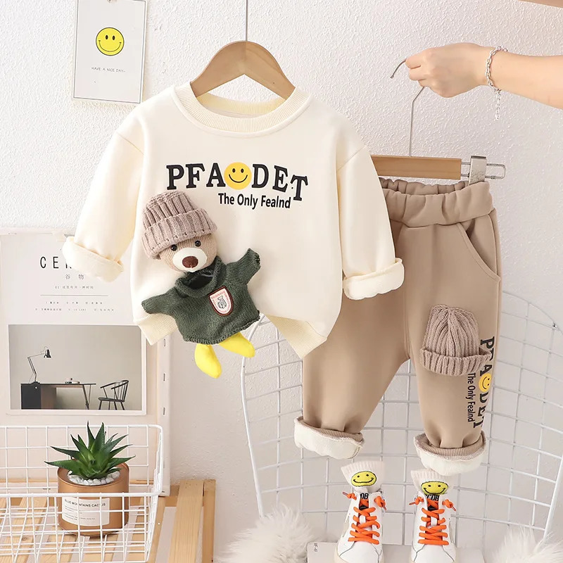 Autumn Winter Children Boy 2PCS Clothes Set Cartoon Doll Letter Cotton Pullovers Fleece Pant Baby Boy Outfits Kid Boy Suits 240117