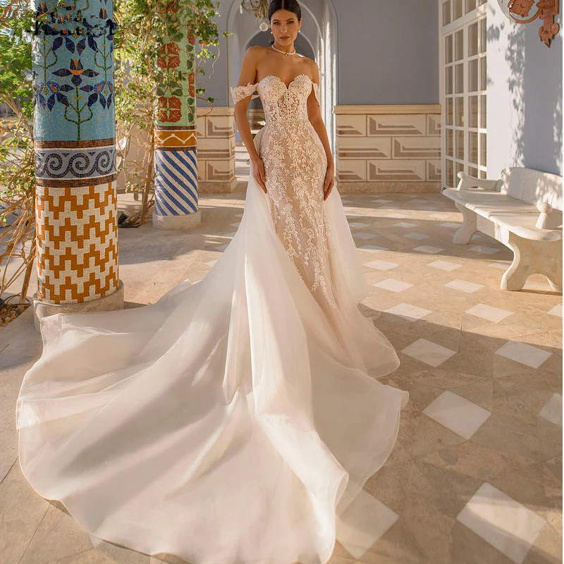 Mermaid Wedding Dresses Sweetheart Off The Shoulder Appliques Lace Up Bridal Gowns Detachable Train Vestidos
