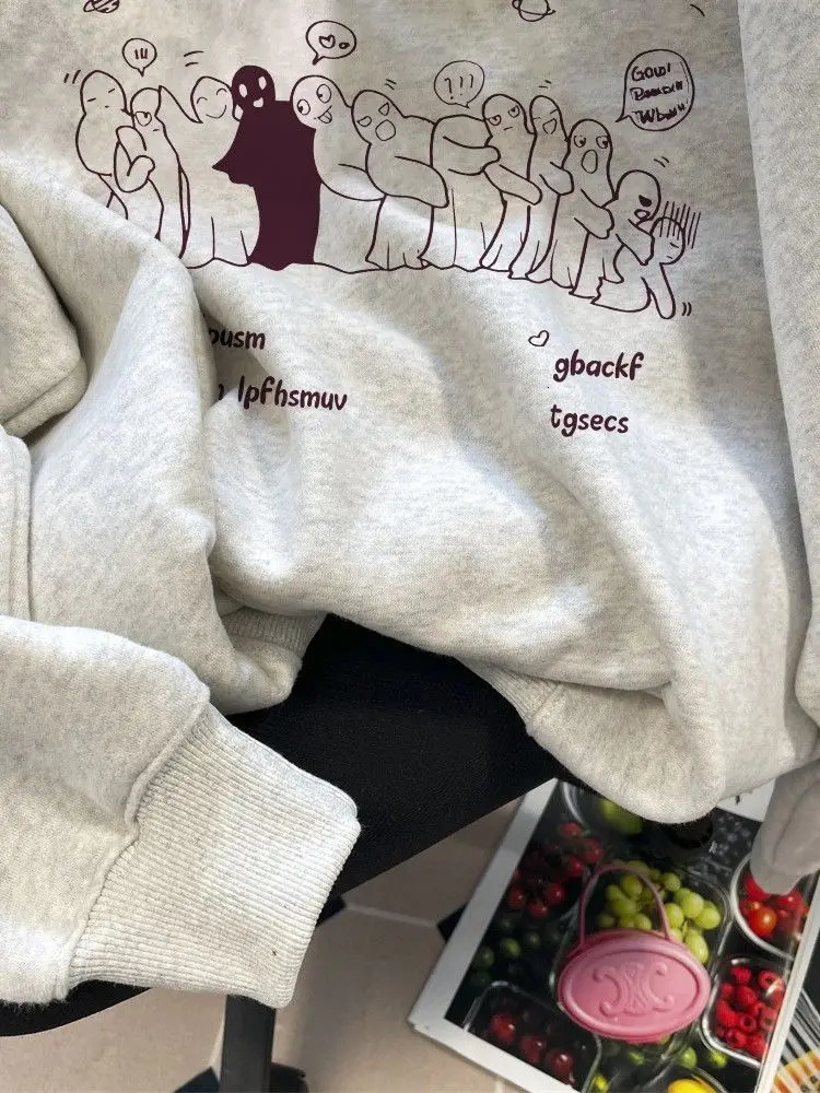 Winter American retro cartoon print round neck sweatshirt fashionable Korean street y2k personality simple loose sports hoodie 240117