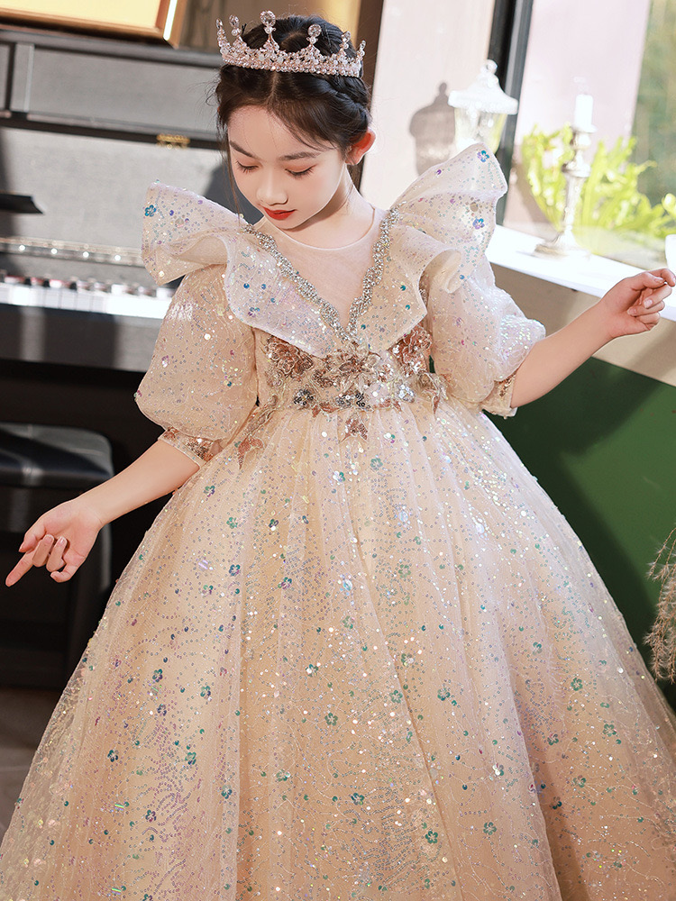 2024 sequined wer girl Dresses for Wedding Lace Applique shiny Kids Birthday Party Puffy ball gown Princess Little Girls Pageant Gown Toddler Formal D