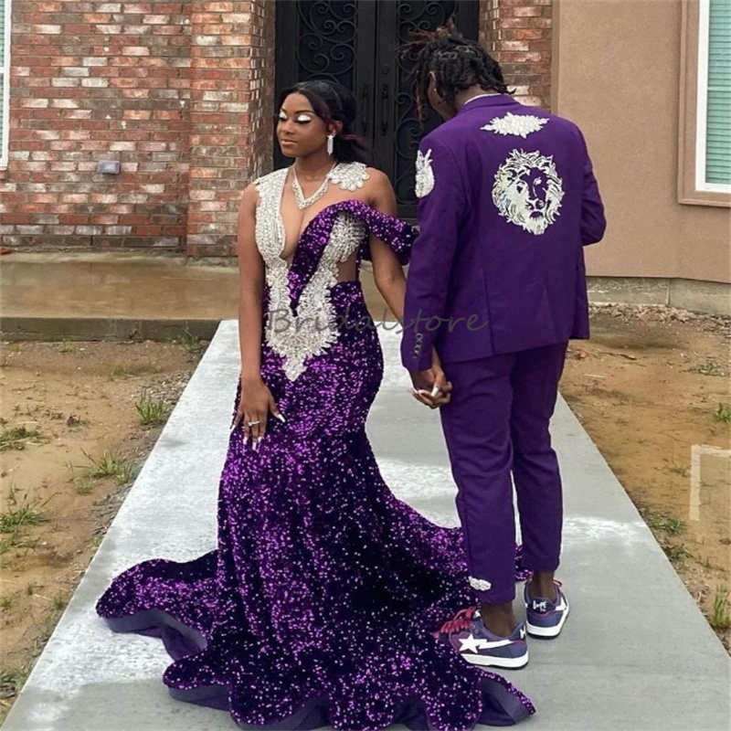 Shine Purple Sequin Prom Dress With Diamond Crystal Off Shoulders Plus Size Mermaid Evening Gowns Black Girls South African Formal Party Dress 2024 Ro