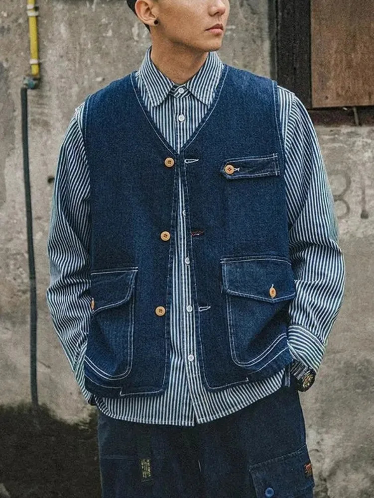 Cargo Pocket Cityboy Denim Vest Unisex Loose Casual Tank Top for Men Women Vintage Waistcoat Jeans Coat 240117Z