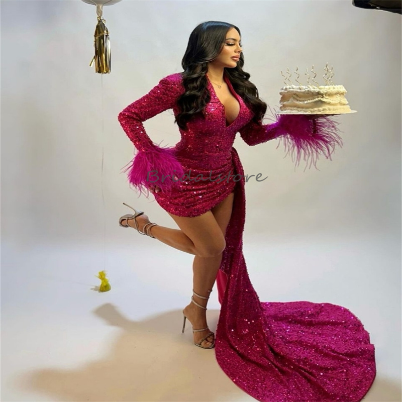 Hot Pink Sequin Prom Dress With Train Sexy V Neck Long Sleeve Short Evening Dress Sparkle Black Girls Feather Cocktail Dress Glitter Formal Fifteen Bi