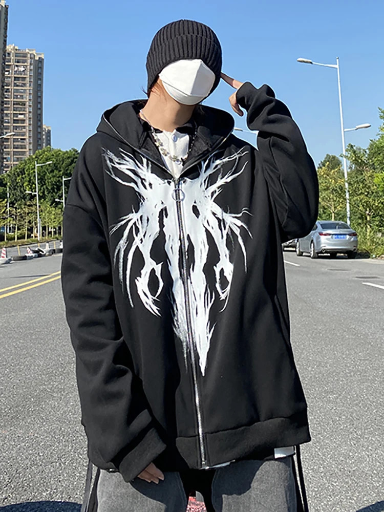 Hoodies Anime Oversized Hoodie Men's Clothing Goth Hip Hop Print Harajuku Sweatshirt Zip up Top Women Kawaii Hooded Y2k Clothes 240117