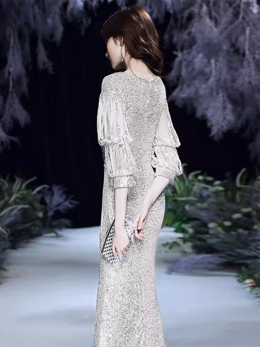 New Banquet Style Eegant Long Sleeved Sequined Queen Fish tail Evening Dress Prom Gown