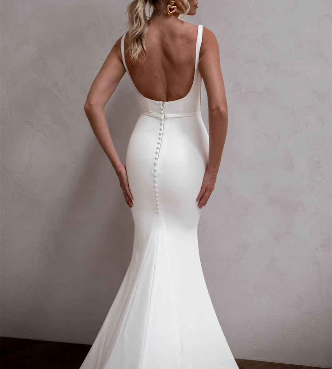 Vintage Long Crepe Mermaid Wedding Dresses With Court Train Ivory Square Collar Buttons Back Vestidos de Novia Abendkleider Bridal Gowns for Women