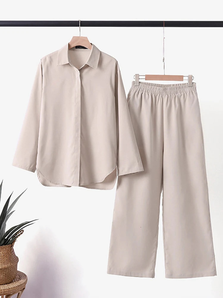 Cotton Linen Sets of Two Pieces for Women Summer Wide Leg Pants with Shirts Outfits Button Up Blouses Women's Trouser Suits 240117
