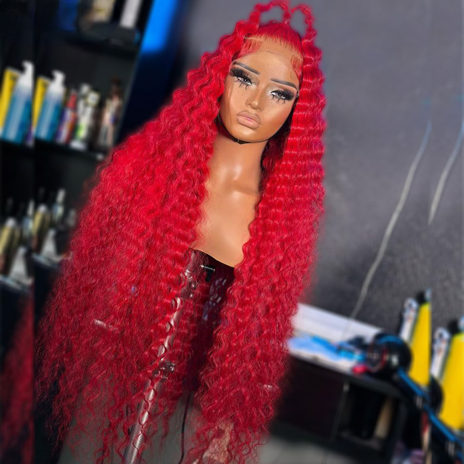 Free shipping Peruvian Red Color 180% Water Wave Front Human Hair PrePlucked Transparent Lace 13X4 Frontal Synthetic Curly Wigs for Women