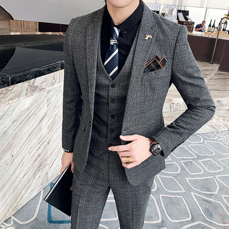 S7XL JacketVestPants Fashion Boutique Lattice Formal Business Mens Suit 3pcs Set Groom Wedding Dress Plaid Show Stage 240117