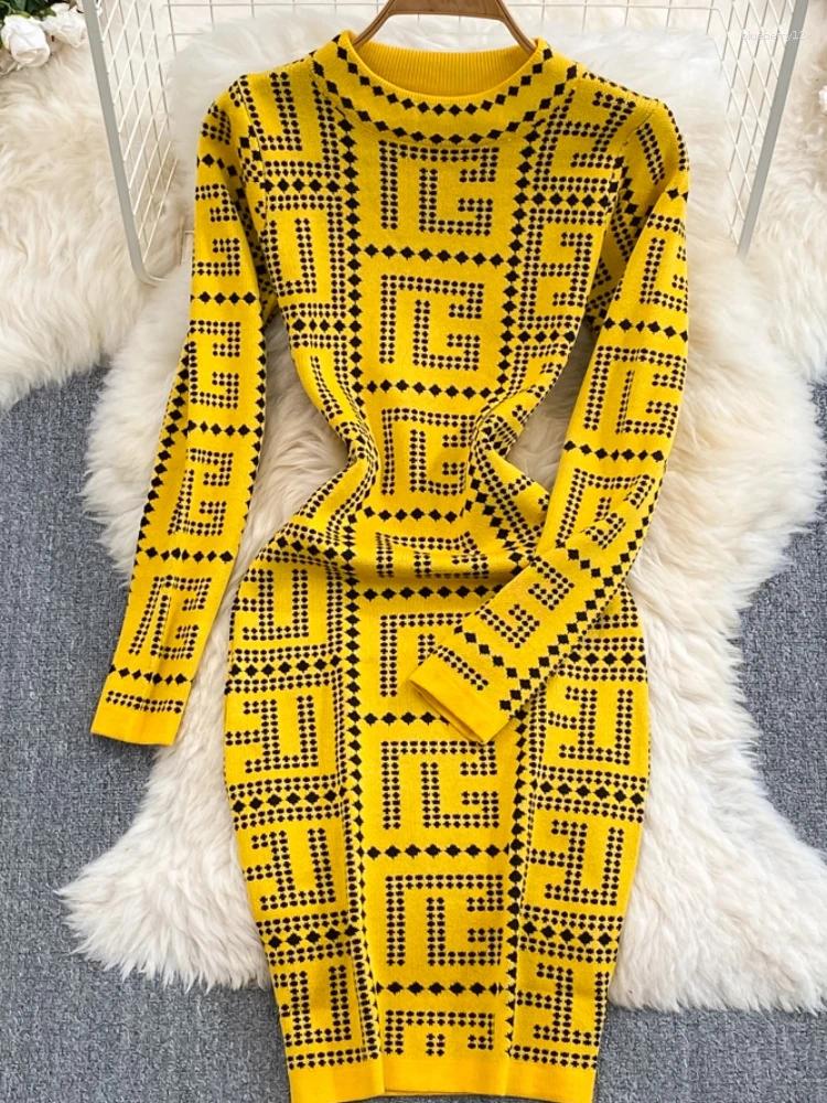 Casual Dresses Winter Fashion Women Geometric Standing Neck Pullover Knitted Dress Ladies Jacquard Wrapped Hip