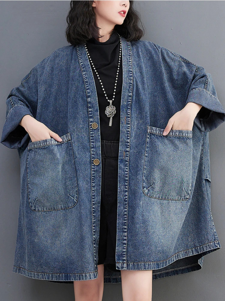 Jackets for Women 2023 Spring Autumn Vintage Vneck Pocket Denim Jacket Loose Oversized Trench Coats Top Blue Jean Woman 240117