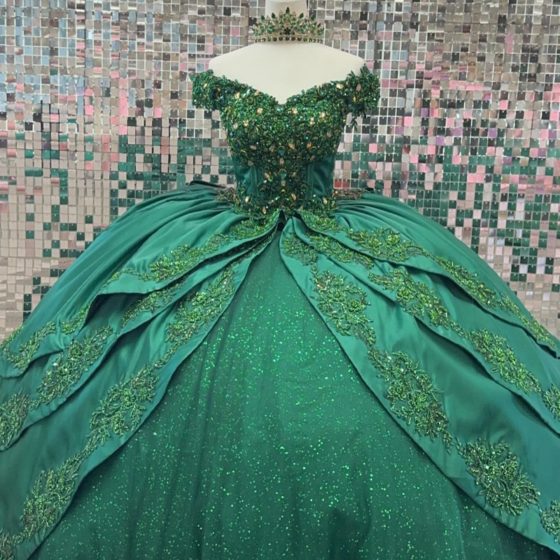 Green Shiny Off the Shoulder Quinceanera Dresses Beads Applique Lace Sweet 16 Birthday Party Ball Gowns vestidos de 15