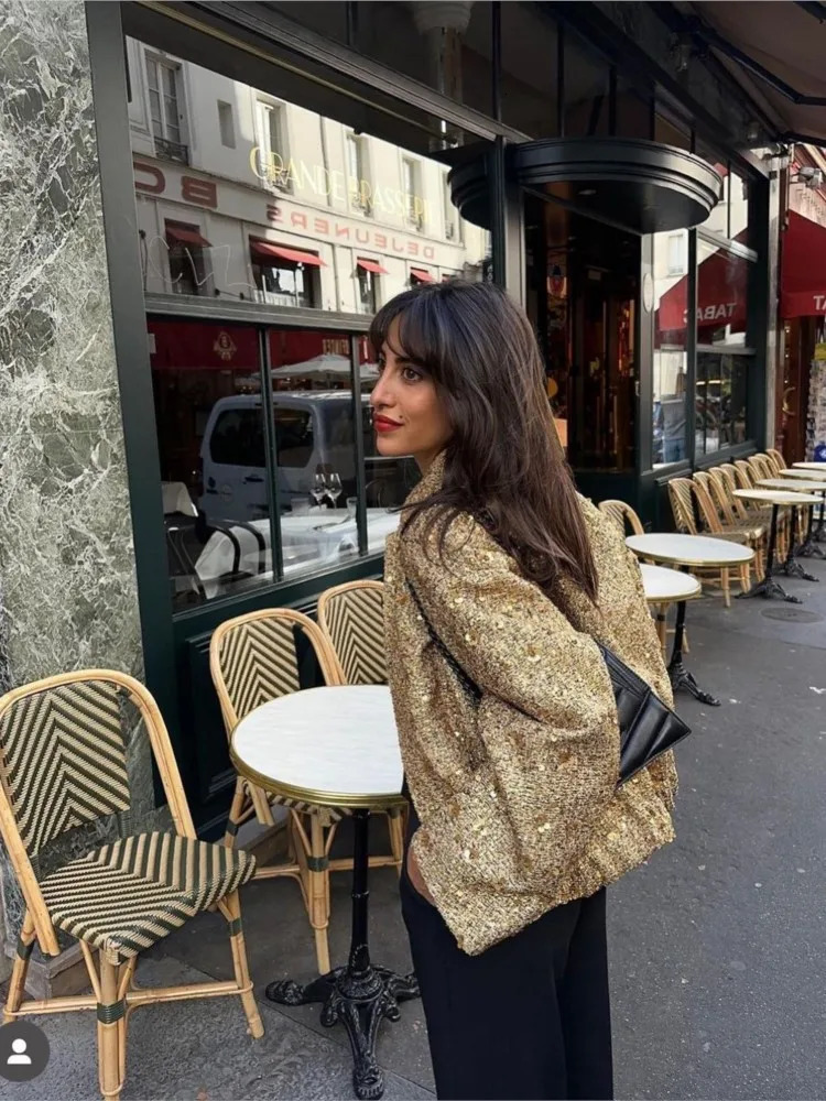 Women Fashion Shiny Sequin Jacket Y2k Gold Color Stand Collar Long Sleeve Short Coat Autumn Winter Ladies High Streetwear 240117