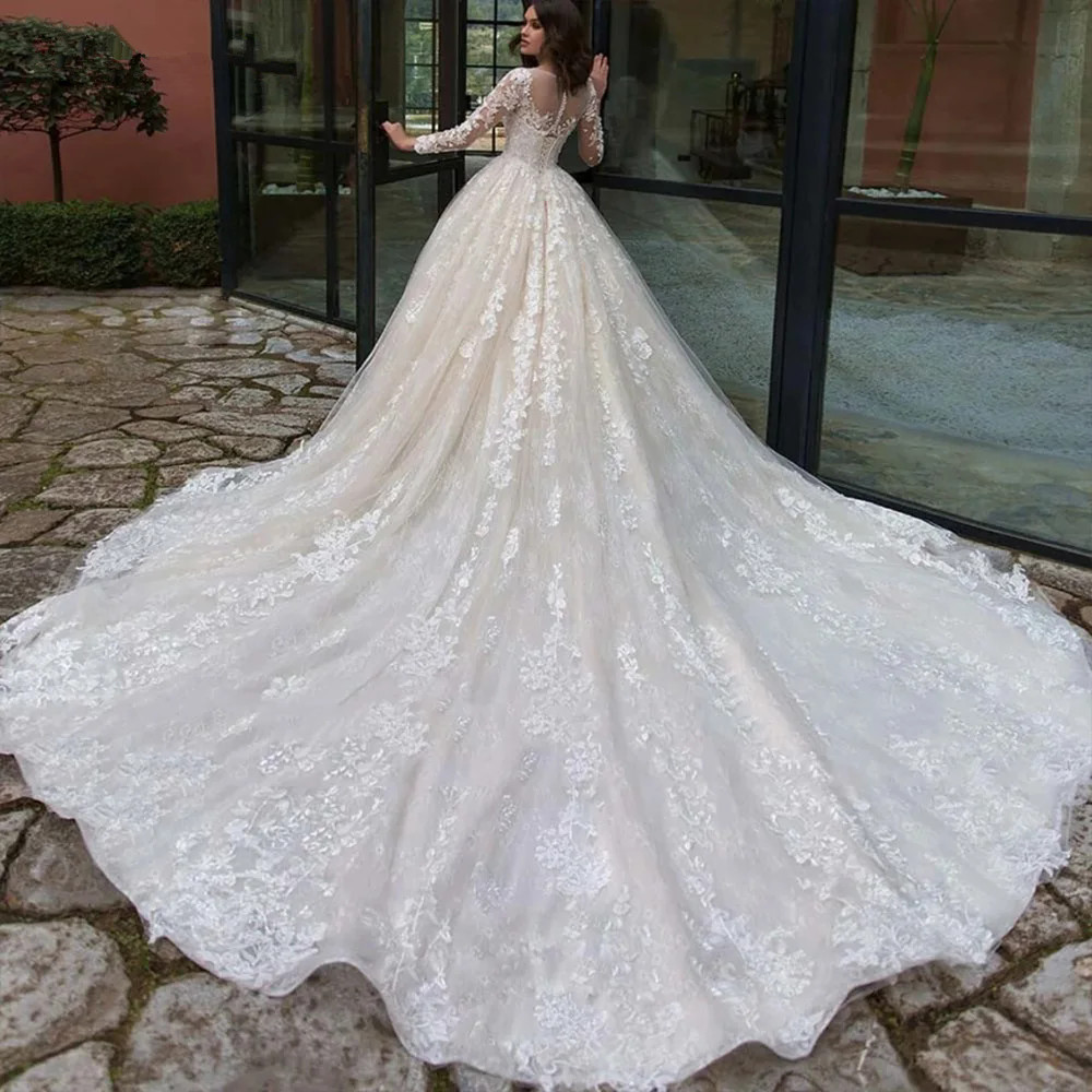 Exquisite Tulle Wedding Dress O-Neck Appliques Long Sleeves Gown Illusion Button Vestido De Novia YD