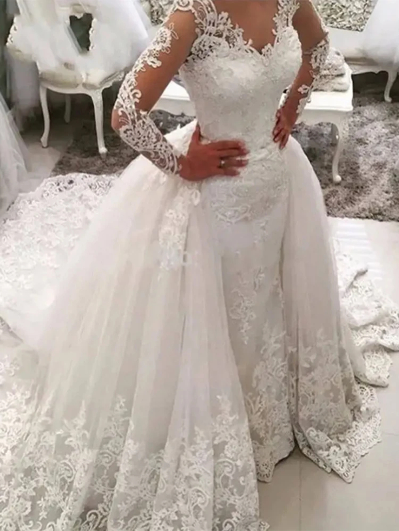 V-Neck Lace Wedding Dress With Detachable Skirt Long Sleeves Open Back Buttons Luxury Bridal Gowns Ivory Elegant Princess Bride Dresses Robe De Mariee