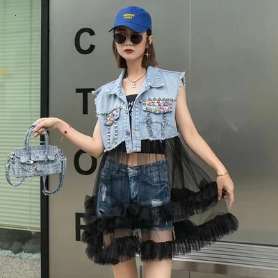 Vefadisa 2023 Spring Summer Lapel Sleeveless Denim Vest Coat Loose Mesh Splicing Colour Diamonds Irregular Women LHX3315 240117