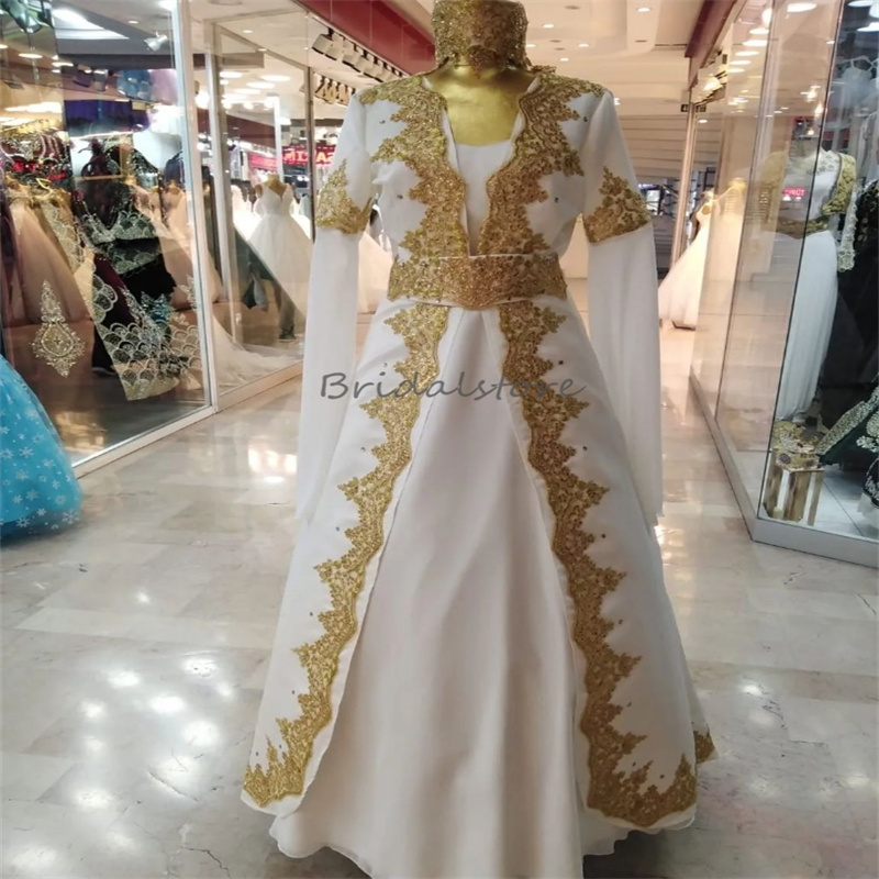 Traditional Turkish White Wedding Dress 2024 With Gold Lace A Line Floor Length Pakistani Moroccan Long Sleeve Arabian Bride Dress Vintage Muslim Brid