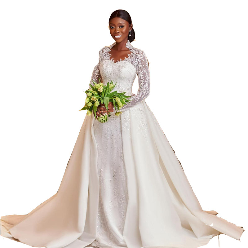 2024 African Sexy Mermaid Wedding Dresses Bridal Gowns Illusion Sweetheart Long Sleeves Lace Appliques Crystal Beads Chapel Overskirt Detachable Train