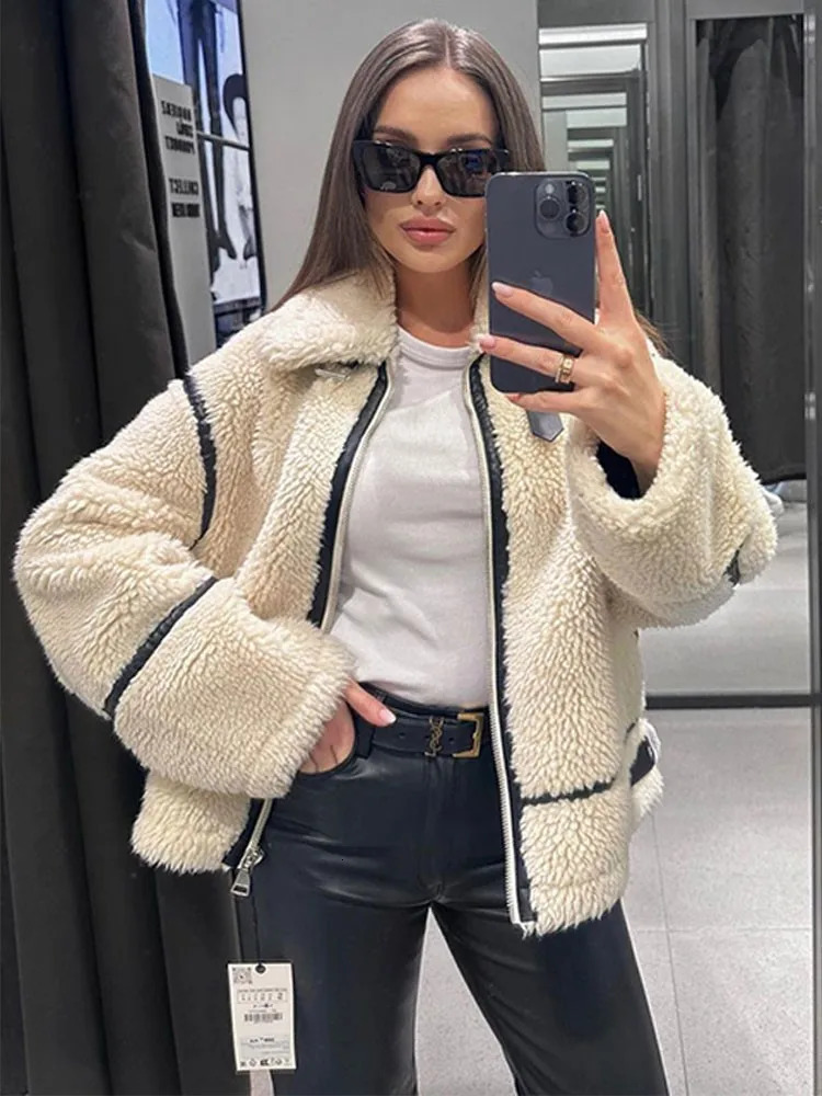 Fashion White Patchwork Women Lamb Wool Jacket Female Lapel Long Sleeve Zipper Coats Winter Lady Warm Loose Streetwear Jackets 240117