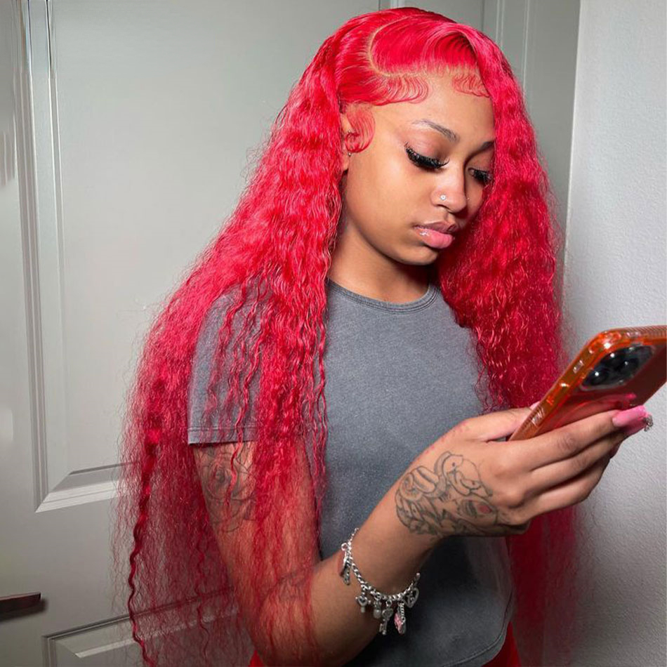 Free shipping Peruvian Red Color 180% Water Wave Front Human Hair PrePlucked Transparent Lace 13X4 Frontal Synthetic Curly Wigs for Women