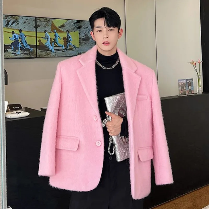 IEFB Korean Chic Male Woolen Jacket Fashion Lapel Single Breasted Pocket Coat 2023 Autumn Winter Casual Men Clothing Pink 9C2886 240117