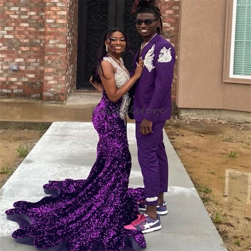 Shine Purple Sequin Prom Dress With Diamond Crystal Off Shoulders Plus Size Mermaid Evening Gowns Black Girls South African Formal Party Dress 2024 Ro