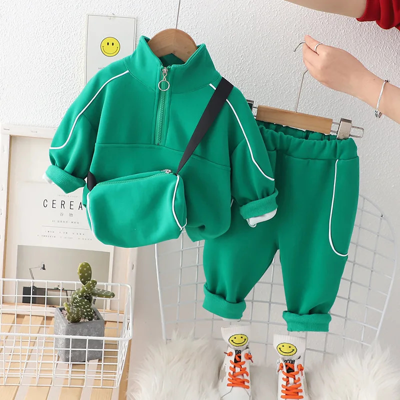 Autumn Toddler Boy 3PCS Clothes Set Cotton Zipper Sweatshirt Solid Bag Suit Casual Sports Pant Kid Boy Outfit Baby Boy Suit 240117