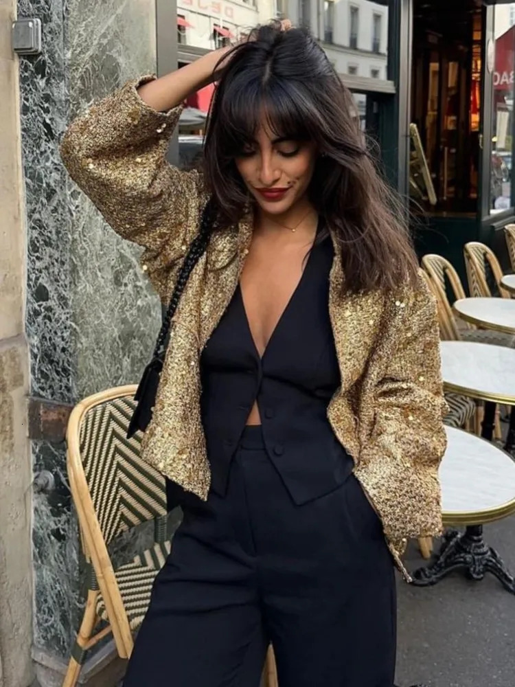 Women Fashion Shiny Sequin Jacket Y2k Gold Color Stand Collar Long Sleeve Short Coat Autumn Winter Ladies High Streetwear 240117