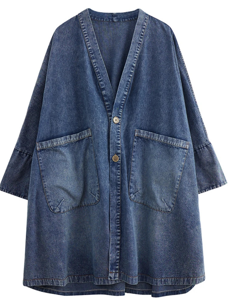 Jackets for Women 2023 Spring Autumn Vintage Vneck Pocket Denim Jacket Loose Oversized Trench Coats Top Blue Jean Woman 240117