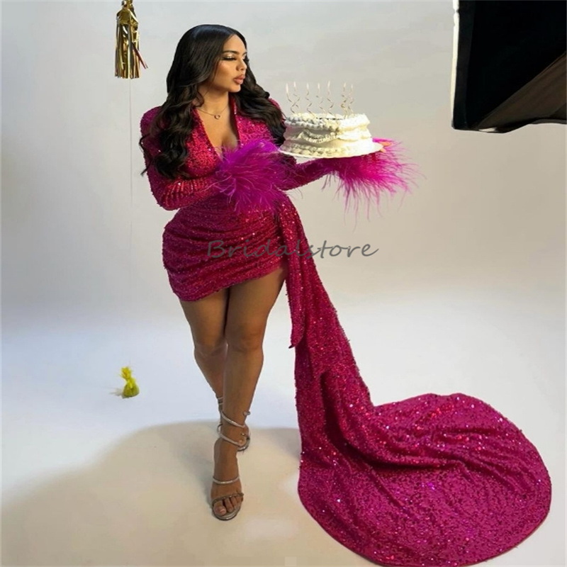 Hot Pink Sequin Prom Dress With Train Sexy V Neck Long Sleeve Short Evening Dress Sparkle Black Girls Feather Cocktail Dress Glitter Formal Fifteen Bi