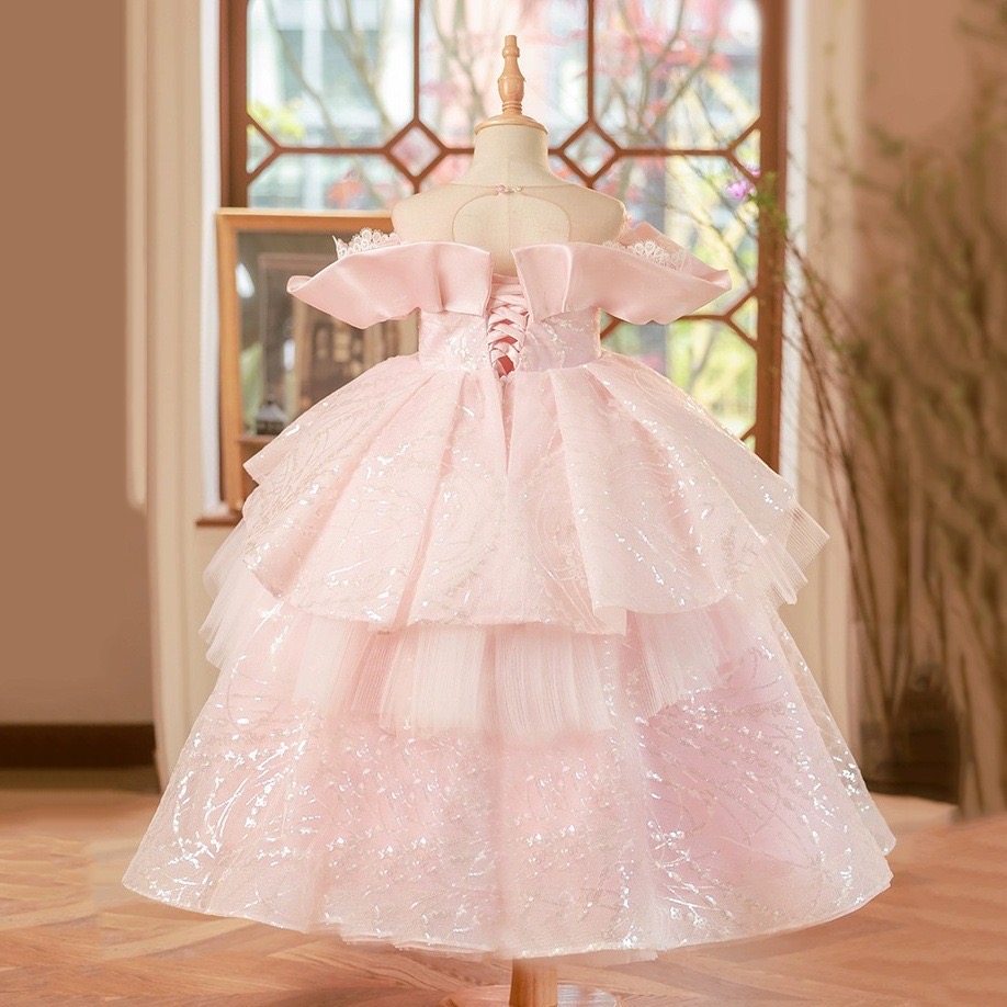 2024 Luxurious Pink Shiny Flower Girl Lace Beaded Tiers Lilttle Kids Weddding Tulle Puff Birthday Party Dresses Pageant Gowns 403