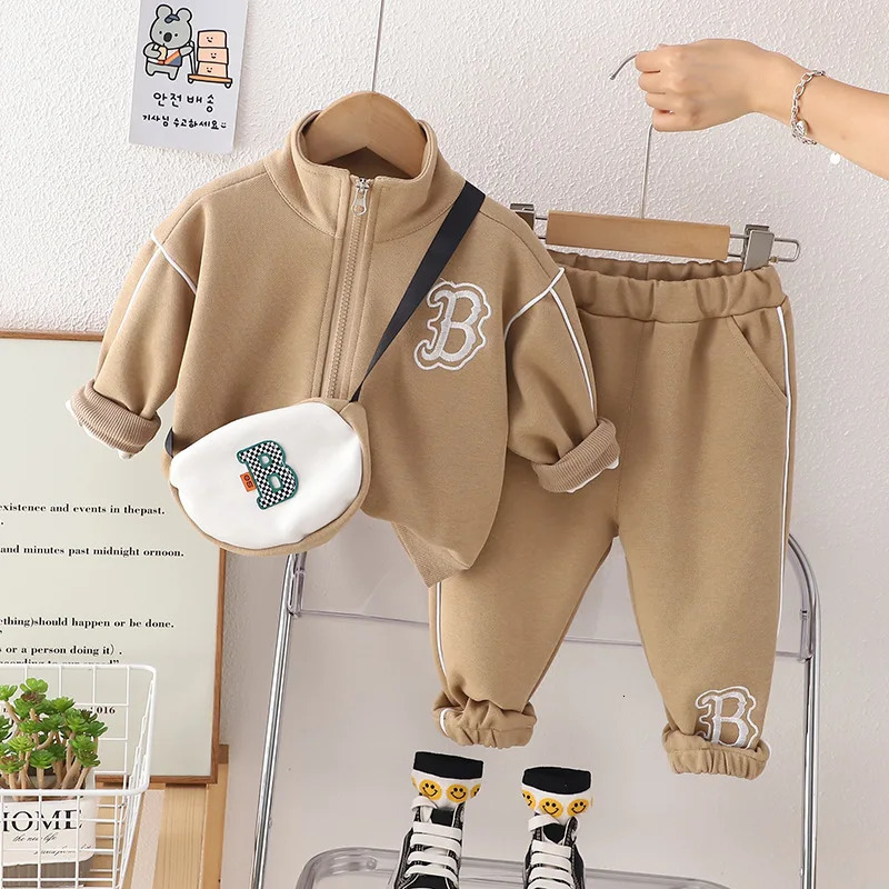 Autumn Toddler Boy 3PCS Clothes Set Letter Solid Zipper Coat Spliced Bag Clothing Suit Sport Pant Infant Boy Outfit Kid Boy Suit 240117
