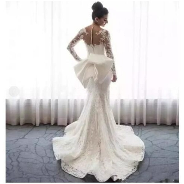 Lace Mermaid sheer illusion Wedding Dresses Sheer Neck Long Sleeves Appliques bow Saudi Arabic bridal Gowns With Detachable Train buttons Bridal Dress