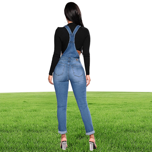 New Women Denim Overalls Ripped Stretch Dungarees High Waist Long Jeans Pencil Pants Rompers Jumpsuit Blue Jeans Jumpsuits j1