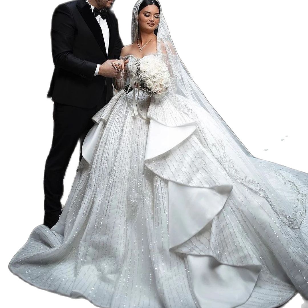 Princess Wedding Dresses Off Shoulder Long Sleeve Beads Sequins Ball Gown Bride Gowns Custom Made Puffy Bridal Dress