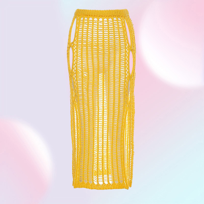 ANJAMANOR Sexy Crochet Knitted Long Skirts Summer Vacation Outfits Beach Club Wear Hollow Out Split Maxi Skirt Yellow D83DC17 Y08