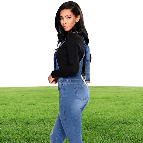 New Women Denim Overalls Ripped Stretch Dungarees High Waist Long Jeans Pencil Pants Rompers Jumpsuit Blue Jeans Jumpsuits j1