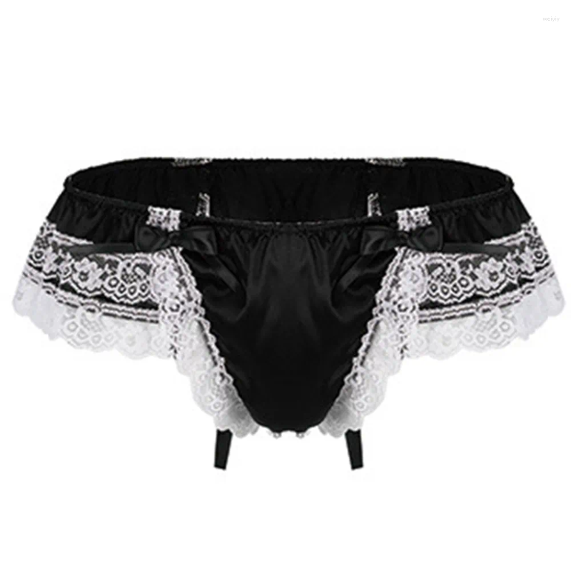 Underpants Men Lace See-Through Sissy Panties Sexy Satin G-String Thong U Convex For Man Briefs Breathable Gay Bikini Underwear