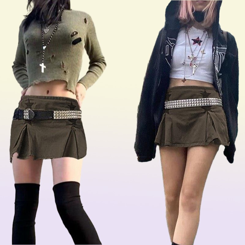 Y2k Dark Academia Aesthetic Low Waist Denim Skirt Star Pattern Jean Skirts Vintage Goth Clothing Women Streetwear 2000s