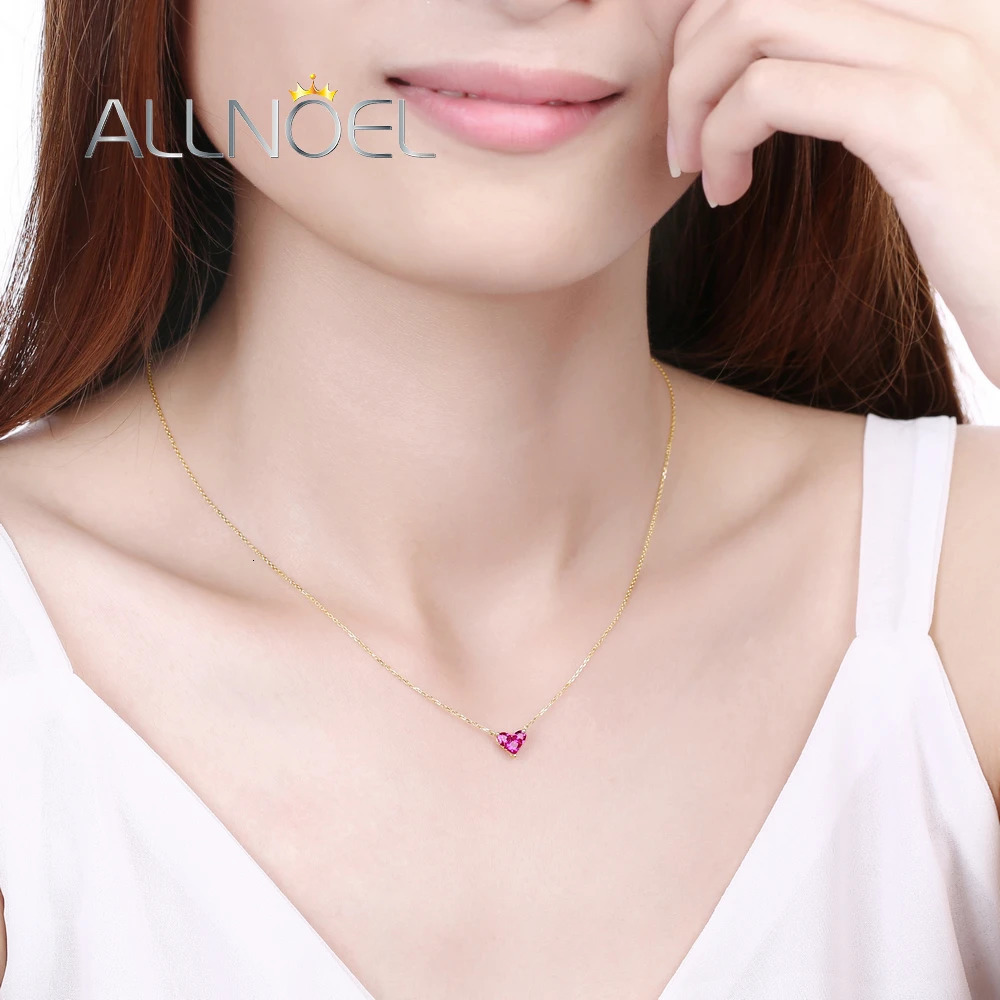 ANLLNOEL Solid 18K Gold Necklace For Women Red Corundum Heart Sweet Romance Anniversary Gifts K Gold Jewelry 9K 14K Gold Pendant 240119