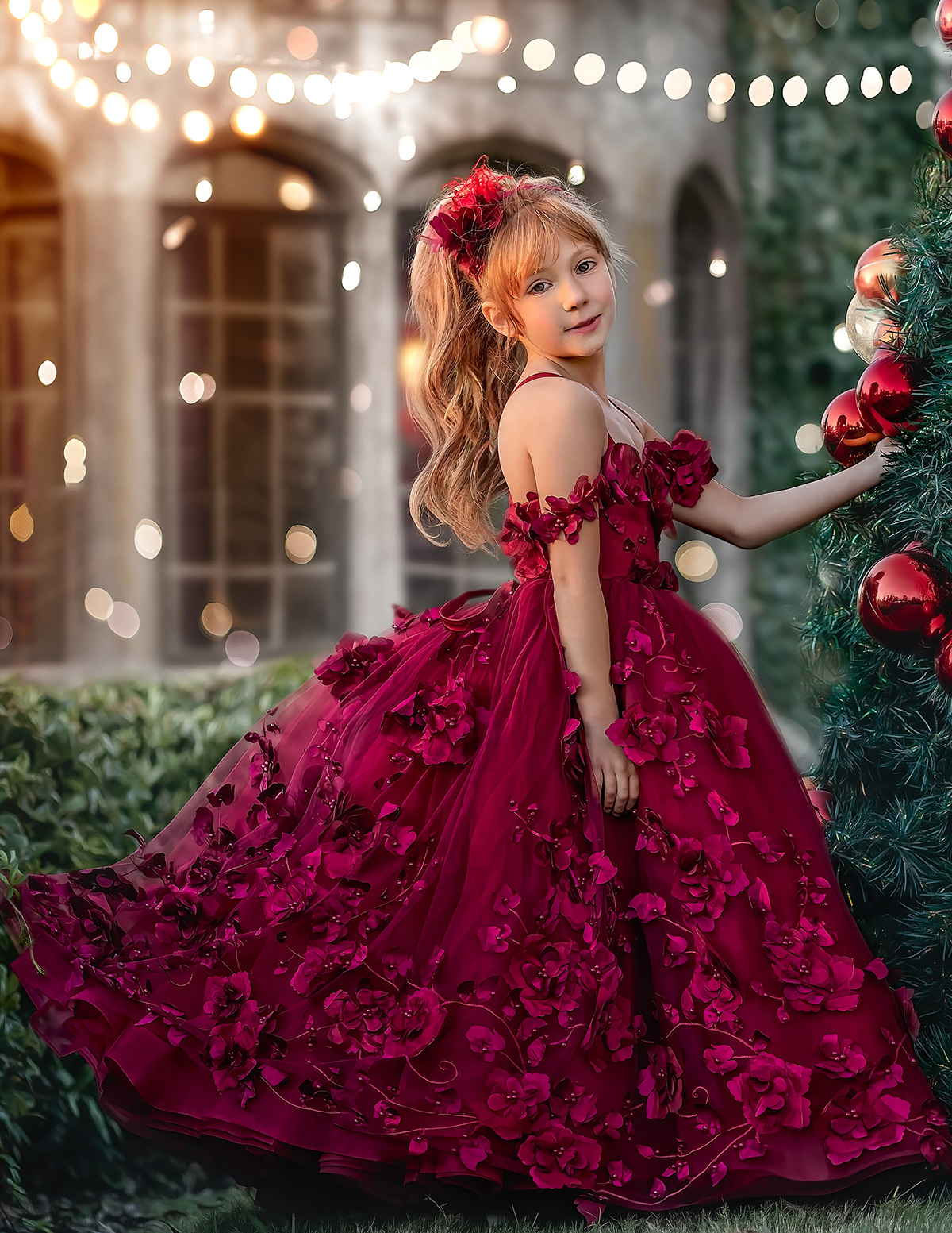 Red Lace Flower Girl Dresses For Wedding 3D Floral Appliques Ball Gown Toddler Pageant Gowns Flowers Floor Length First Communion Dress