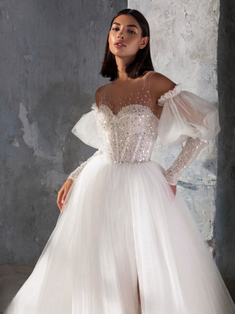 Stunning A-line Long Bridal Gown Wedding Dresses O Neck Long Sleeve Sequin vestidos de novia with side split