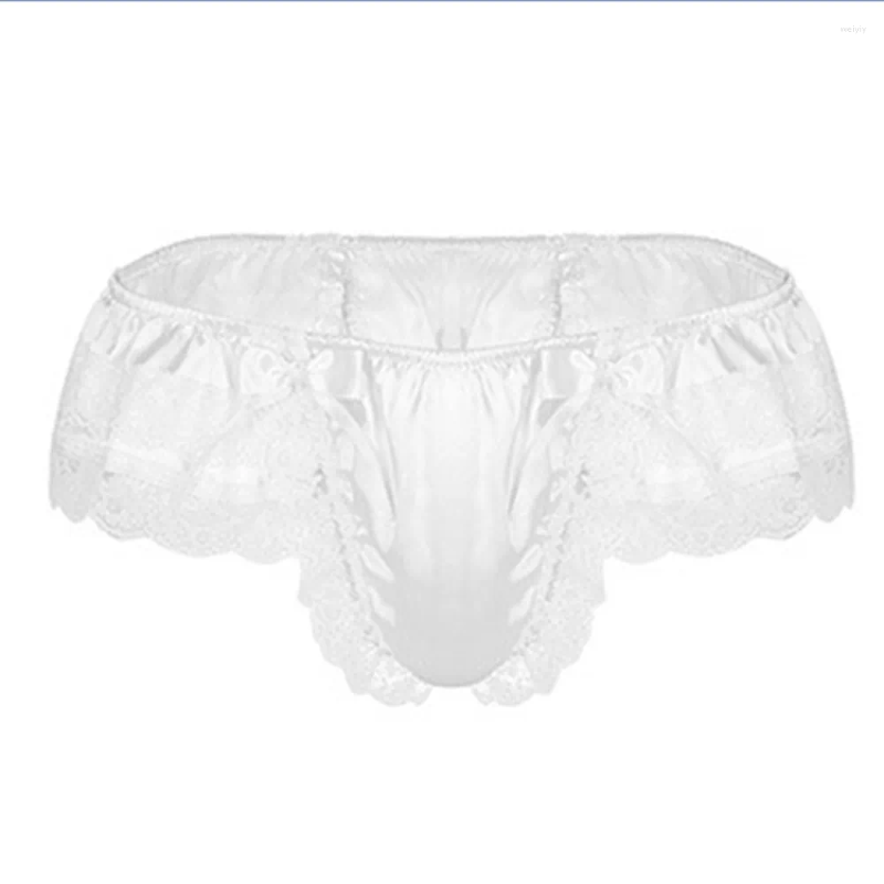 Underpants Men Lace See-Through Sissy Panties Sexy Satin G-String Thong U Convex For Man Briefs Breathable Gay Bikini Underwear