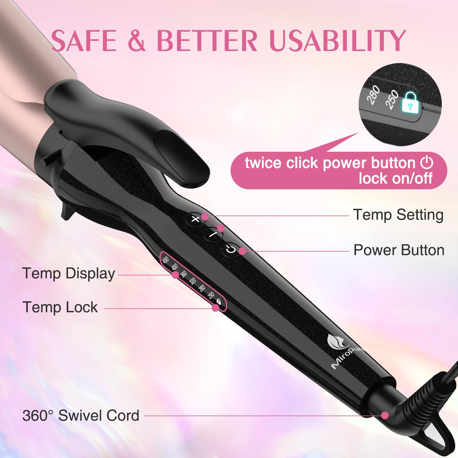 MiroPure Curling Iron, Hair Curling Iron with Ceramic Coating, Professional Curling Wand, Fast Heating up to 450°F, Wide Voltage for Worldwide