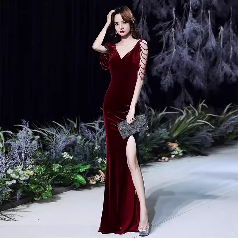 Fishtail Evening Dress for high-end Elegant Women Annual Banquet Temperament Velvet Aura Queen Prom Gown