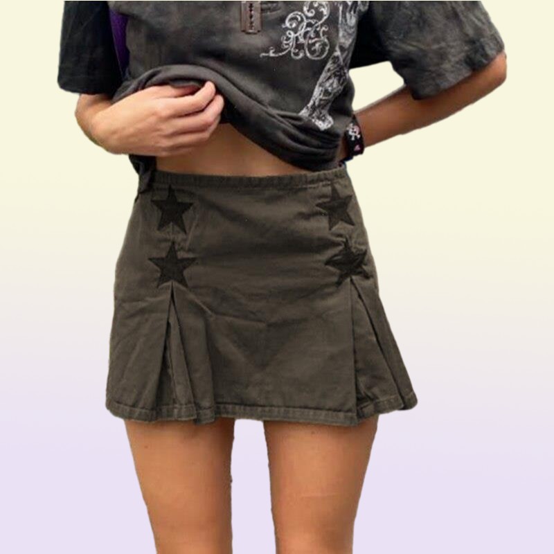 Y2k Dark Academia Aesthetic Low Waist Denim Skirt Star Pattern Jean Skirts Vintage Goth Clothing Women Streetwear 2000s