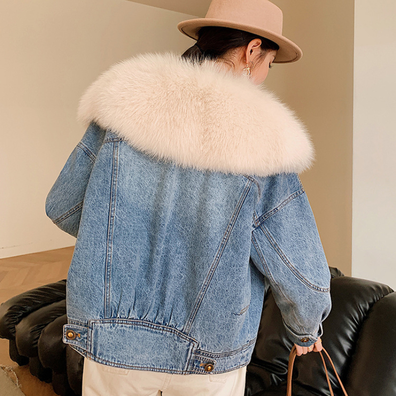 OC468M36 Winter Women's Down Jacket Denim Long Sleeved Jacket Fashionable Style of Fox Collar White Goose Down Fur